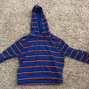 blue and orange striped cropped hoodie